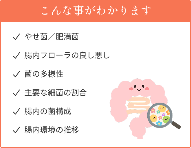 こんな事がわかります ・やせ菌/肥満菌 ・腸内フローラの良し悪し ・菌の多様性 ・主要な細菌の割合 ・腸内の菌構成 ・腸内環境の推移